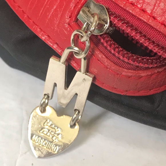 MOSCHINO Vintage 90s Nylon Leather Shoulder Bag Hobo Zipper Pocket Red Logo Tote - Picture 6 of 16